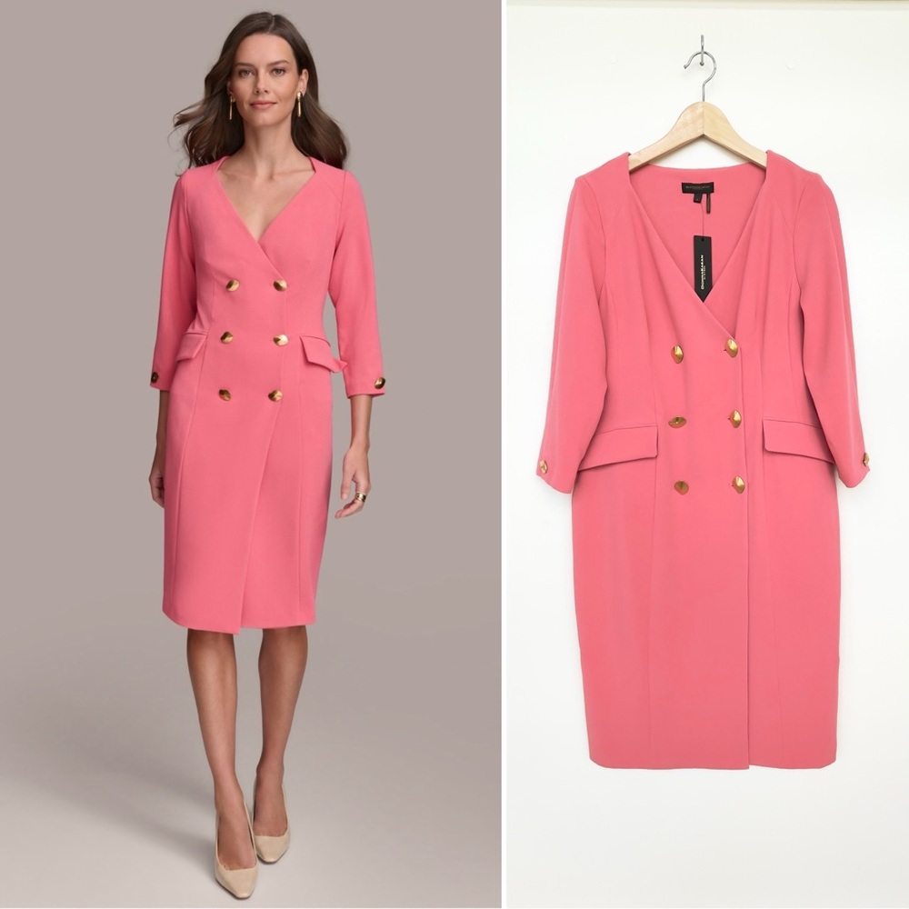 Double-Breasted Pink V-Neck Sheath Dress